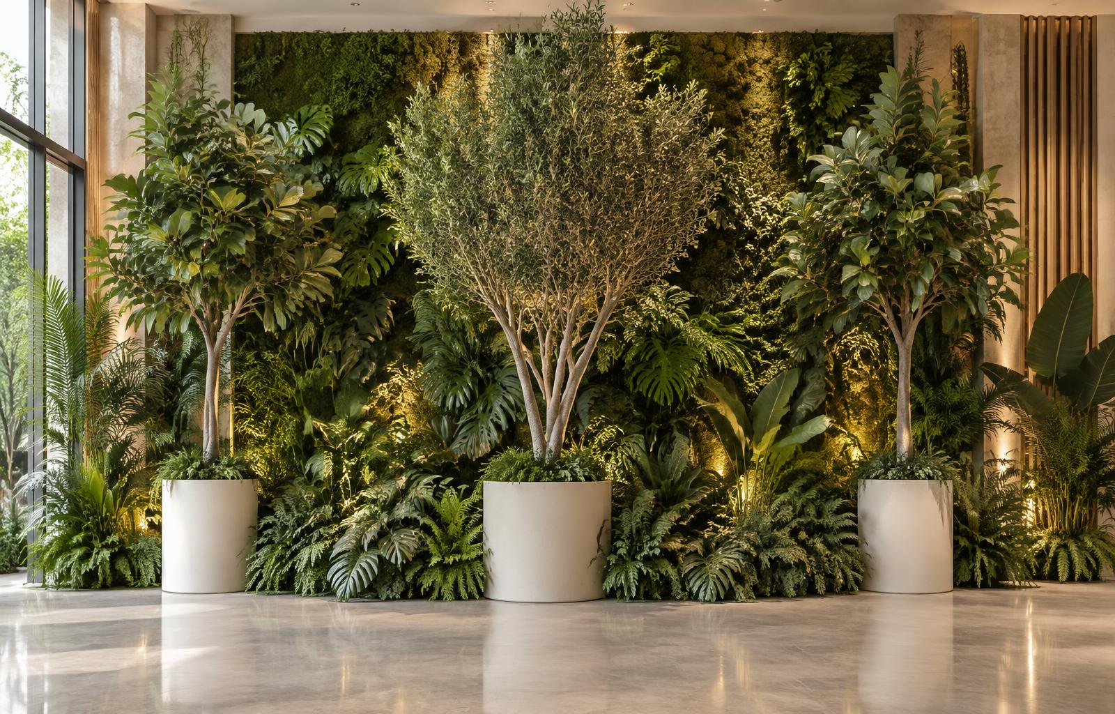 Concept botanical environment with a textured greenery wall and sculptural trees in ivory planters